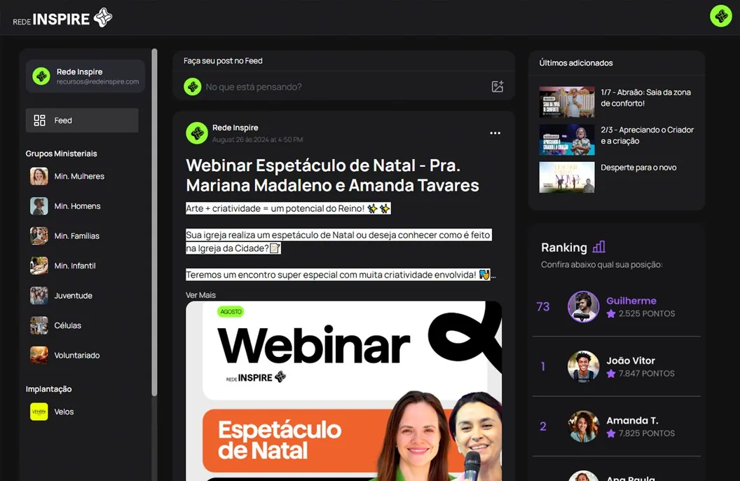 Feed da comunidade Rede Inspire com grupos, posts, ranking e últimos adicionados